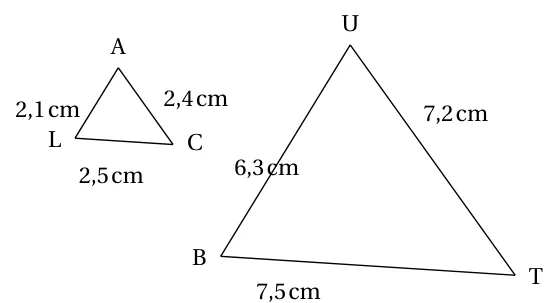 Petit triangle LAC avec LA = 2,1 cm, AC = 2,4 cm, LC = 2,5 cm et grand triangle BUT avec BU = 6,3 cm, UT = 7,2 cm, BT = 7,5 cm