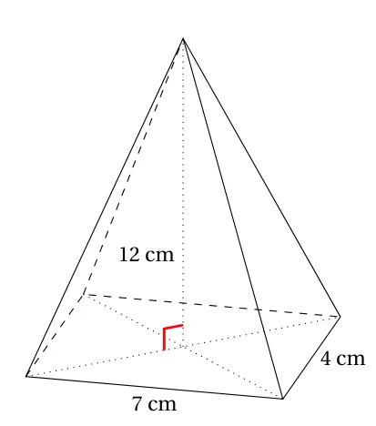 Pyramide à base rectangulaire de dimensions 7 cm et 4 cm, de hauteur 12 cm issue du centre de la base