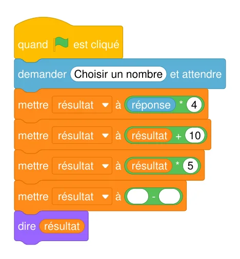 Programme Scratch de Fred modifié : les mêmes blocs, avec une sixième ligne mettre résultat à (case vide moins case vide) à compléter avant dire résultat