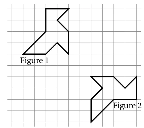 Deux figures polygonales sur un quadrillage : la figure 1 en haut à gauche et la figure 2 en bas à droite, de même forme mais orientée autrement