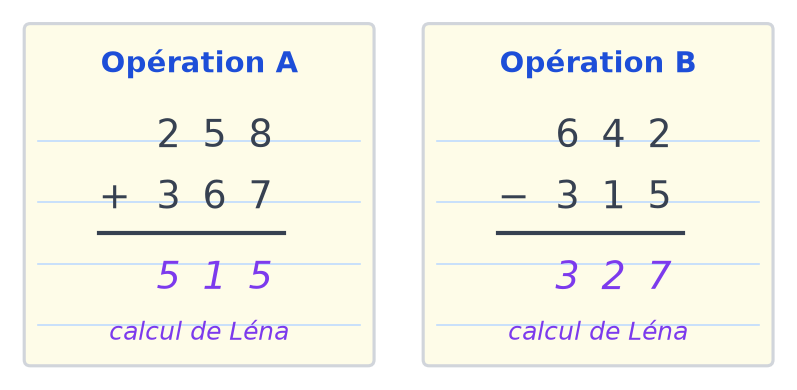 Cahier de Léna : opération A, 258 plus 367 égale 515 ; opération B, 642 moins 315 égale 327