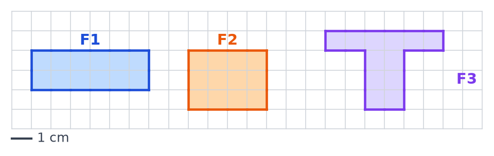 Quadrillage de carreaux de 1 cm avec F1 rectangle de 6 sur 2, F2 rectangle de 4 sur 3 et F3 en forme de T