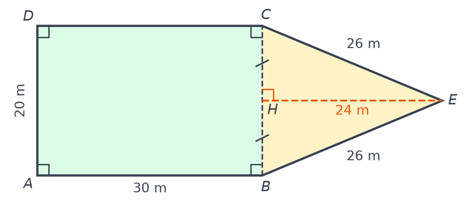 Terrain formé du rectangle ABCD de 30 m sur 20 m et du triangle BEC avec EB égal à EC égal à 26 m et hauteur EH de 24 m