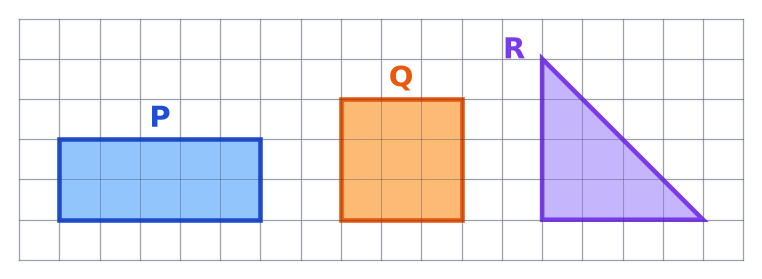 Quadrillage de 1 cm avec un rectangle P, un carré Q et un triangle R à angle droit