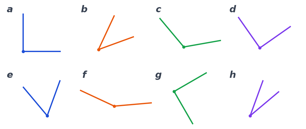 Huit angles de couleurs différentes nommés a à h, certains droits, d'autres plus petits ou plus grands qu'un angle droit