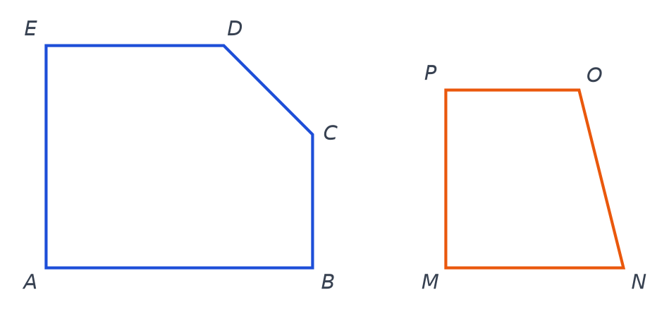 Pentagone ABCDE en bleu et quadrilatère MNOP en orange, dessinés sans codage des angles droits