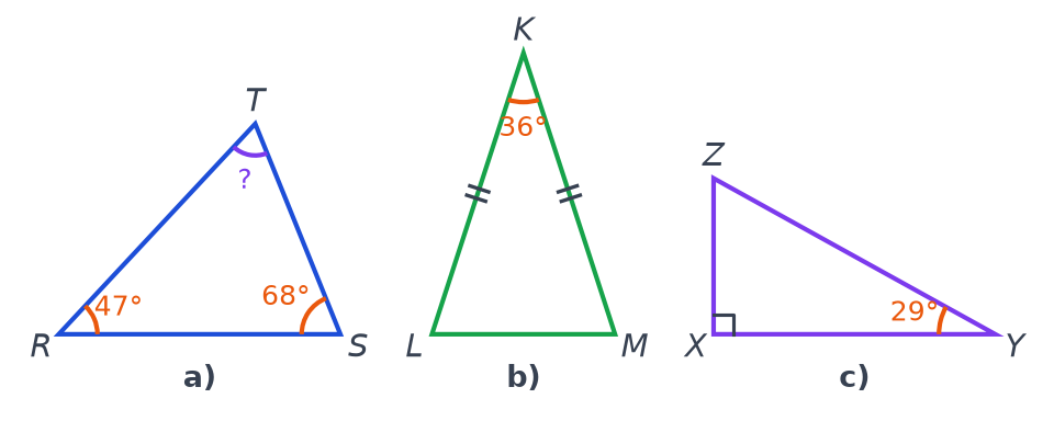 Trois triangles codés : RST avec des angles de 47 et 68 degrés, KLM isocèle en K avec 36 degrés, XYZ rectangle en X avec 29 degrés