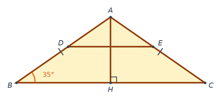 Ferme de charpente triangulaire ABC isocèle en A, angle ABC de 35 degrés, poutre DE parallèle à BC et poteau AH perpendiculaire à BC