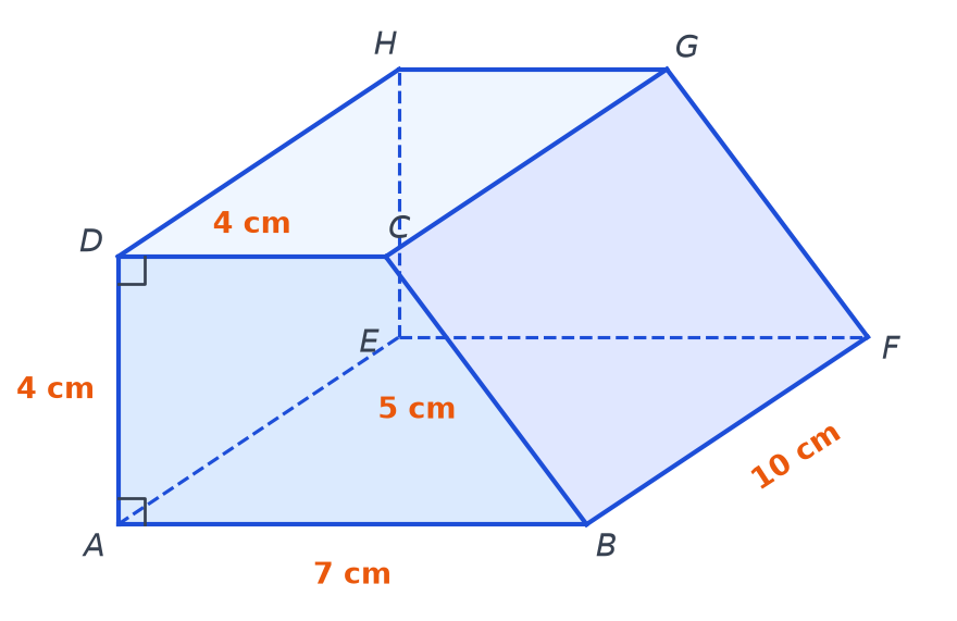 Prisme droit ABCDEFGH en perspective : base trapèze rectangle ABCD avec AB 7 cm, DC 4 cm, AD 4 cm, BC 5 cm, hauteur 10 cm
