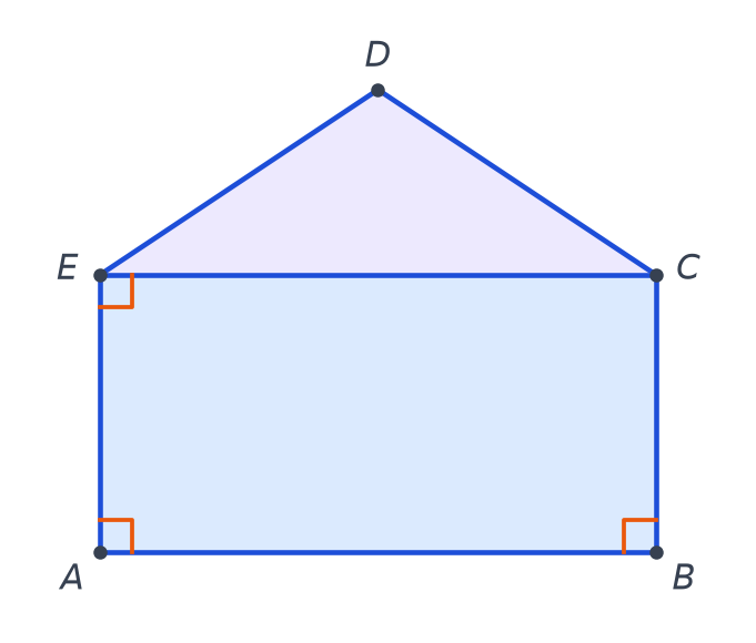 Pentagone ABCDE en forme de maison avec le segment EC, angles droits codés en orange aux sommets A, B et E