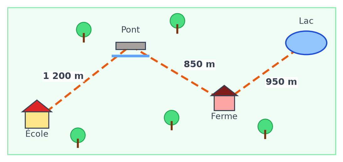 Carte du chemin de l'école au lac : école vers pont 1 200 m, pont vers ferme 850 m, ferme vers lac 950 m