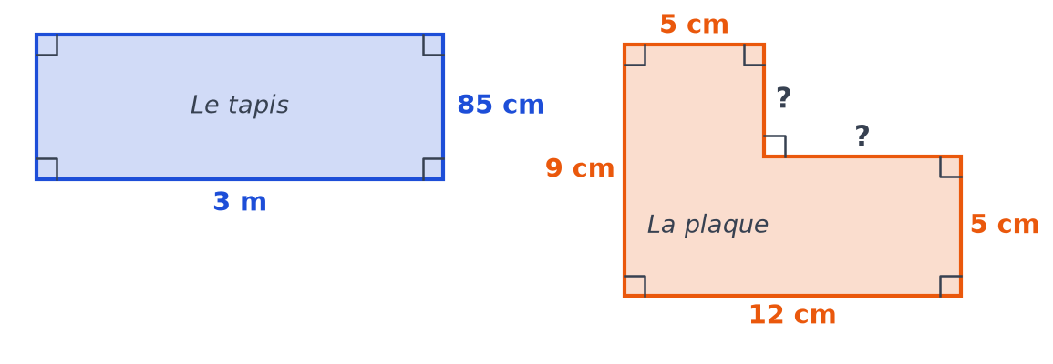 Tapis rectangulaire de 3 m sur 85 cm et plaque en forme de L cotée 12 cm, 5 cm, 9 cm et 5 cm avec deux côtés inconnus