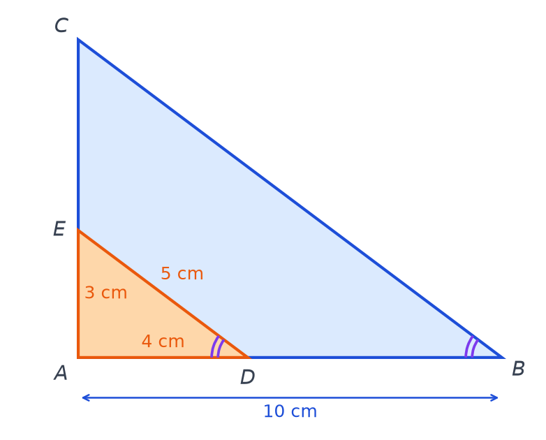 Grand triangle ABC contenant le petit triangle ADE, avec AD 4 cm, AE 3 cm, DE 5 cm, AB 10 cm et angles égaux en D et B