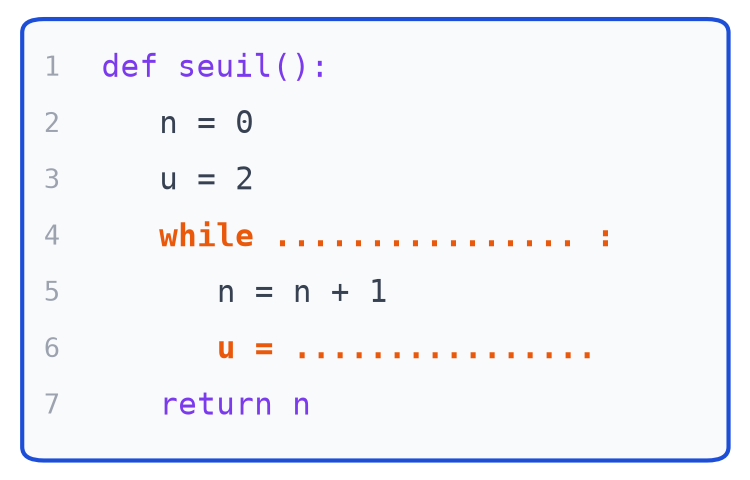 Programme Python de la fonction seuil avec les lignes 4 et 6 à compléter, la boucle while et la mise à jour de u