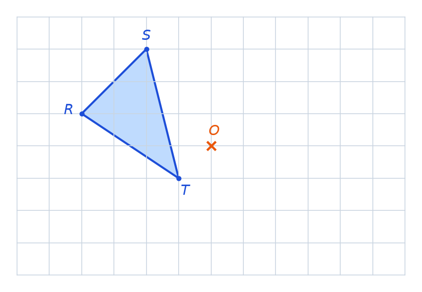 Quadrillage de 12 carreaux sur 8 avec le triangle bleu RST à gauche et le point O marqué d'une croix orange