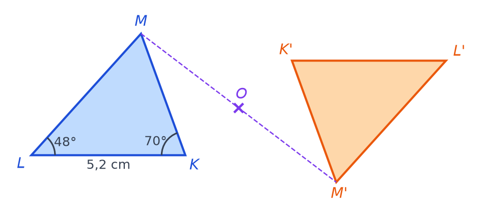Triangle bleu KLM avec KL de 5,2 cm, angles de 48 degrés en L et 70 degrés en K, son image orange K'L'M' par rapport à O