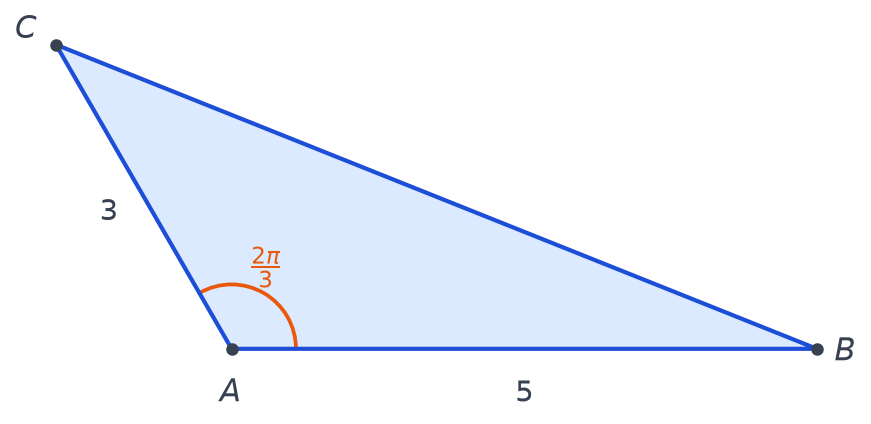 Triangle ABC avec AB égal 5, AC égal 3 et un angle en A de deux pi sur trois codé par un arc
