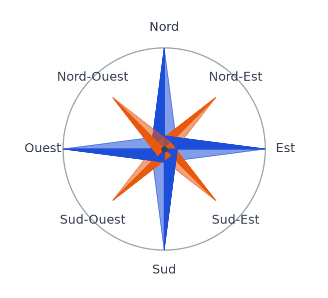 Rose des vents à huit branches : Nord, Nord-Est, Est, Sud-Est, Sud, Sud-Ouest, Ouest et Nord-Ouest