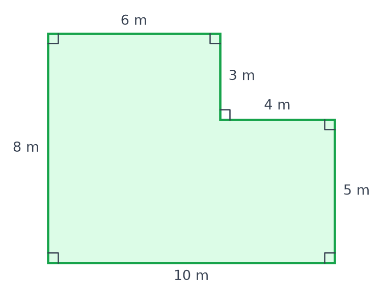 Jardin en forme de L aux angles droits, de côtés 10 m, 5 m, 4 m, 3 m, 6 m et 8 m
