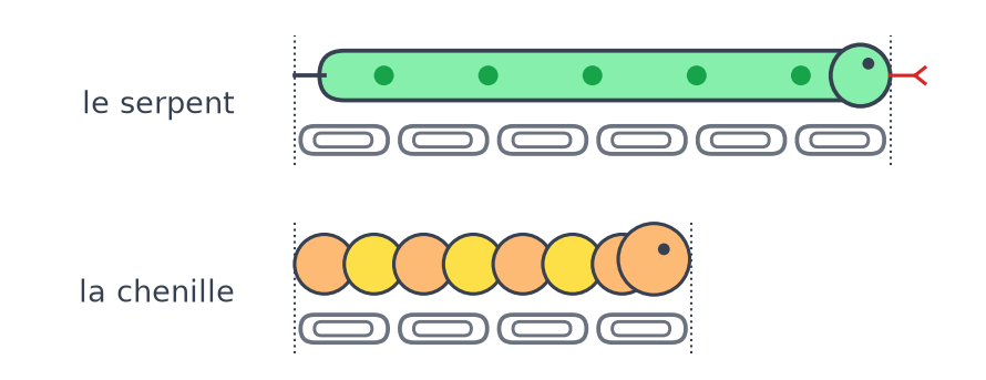 Un serpent vert posé au-dessus de 6 trombones alignés et une chenille orange et jaune au-dessus de 4 trombones