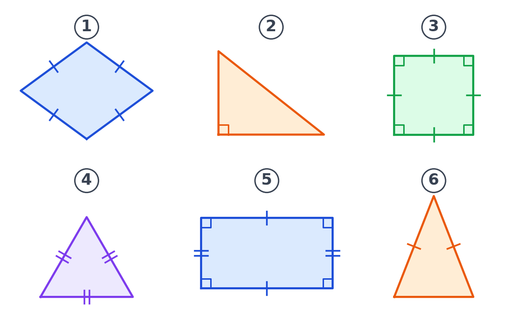 Six figures codées numérotées de 1 à 6 : un losange, un triangle rectangle, un carré, un triangle équilatéral, un rectangle et un triangle isocèle