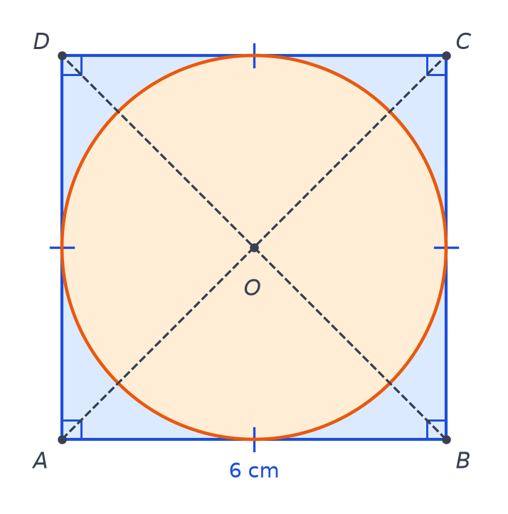 Logo formé d'un carré ABCD de 6 cm de côté, de ses diagonales en pointillés qui se coupent en O et d'un cercle orange de centre O