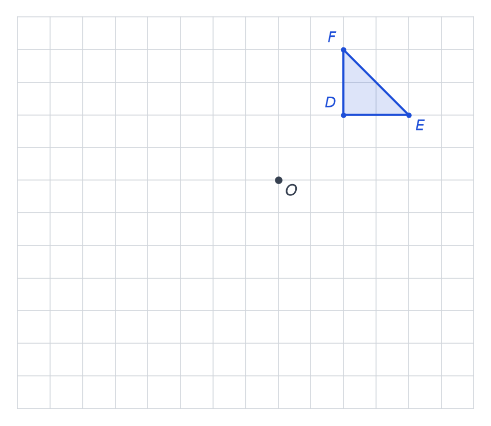 Quadrillage de 14 sur 12 carreaux avec le point O et le triangle rectangle DEF situé en haut à droite de O
