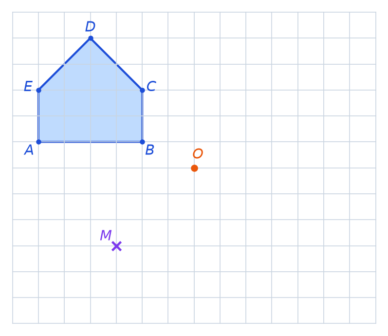 Quadrillage portant le pentagone ABCDE en forme de maison en haut à gauche, un point M en bas à gauche et le centre O