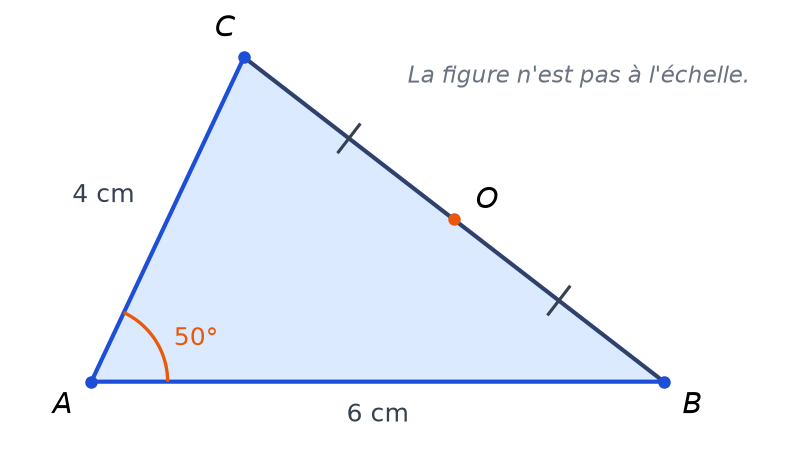Croquis codé du triangle ABC avec AB 6 cm, AC 4 cm, angle BAC de 50 degrés et O milieu de BC
