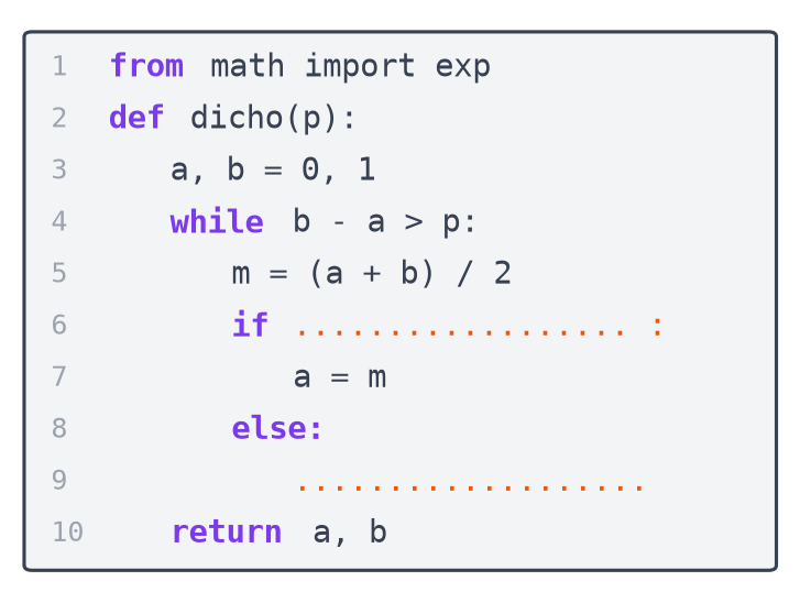 Fonction Python dicho(p) qui part de a égal 0 et b égal 1, avec la condition du test et la ligne 9 à compléter