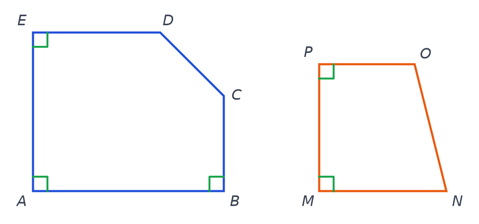 Pentagone ABCDE avec angles droits codés en A, B et E, quadrilatère MNOP avec angles droits codés en M et P