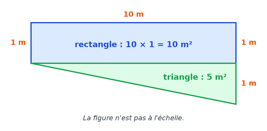 Face avant de la piscine découpée en un rectangle de 10 m sur 1 m, d'aire 10 m², et un triangle rectangle d'aire 5 m²