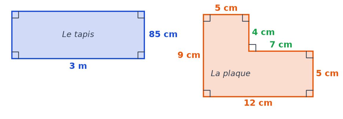 Tapis de 3 m sur 85 cm et plaque en L complétée en vert : les deux côtés inconnus mesurent 7 cm et 4 cm