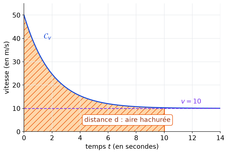 Aire hachurée sous la courbe de la vitesse entre 0 et 10 secondes, qui représente la distance parcourue par la parachutiste