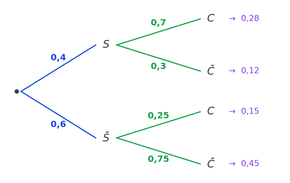 Arbre pondéré complet : 0,4 et 0,6 au premier niveau, puis 0,7, 0,3, 0,25 et 0,75, avec les produits 0,28, 0,12, 0,15 et 0,45