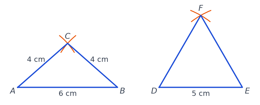 Triangle ABC de côtés 6 cm, 4 cm et 4 cm et triangle équilatéral DEF de 5 cm avec leurs arcs de compas
