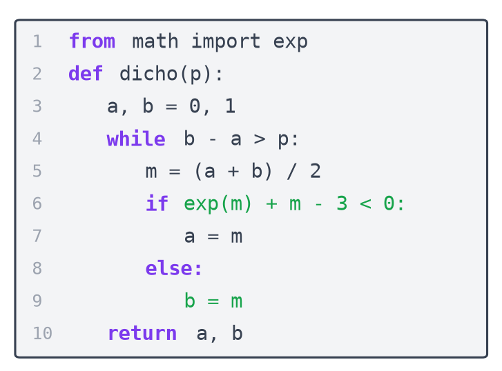 Fonction Python dicho(p) complétée avec le test if exp(m) + m - 3 inférieur à 0 et la ligne b = m