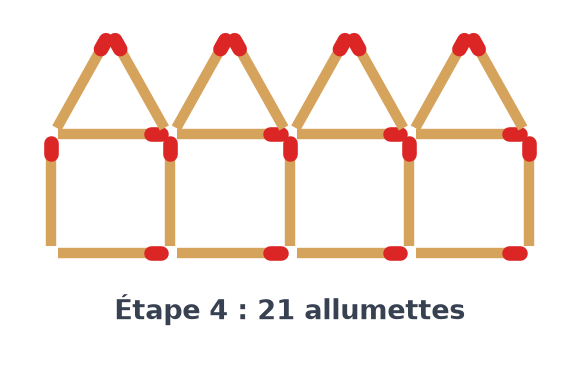 Étape 4 du motif : quatre maisons d'allumettes collées, formées au total de 21 allumettes