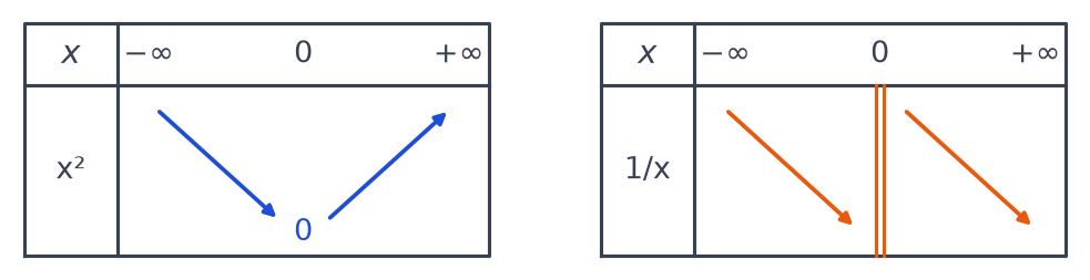 Tableaux de variations : x² décroît jusqu'à 0 puis croît ; 1/x décroît de chaque côté d'une double barre placée en 0