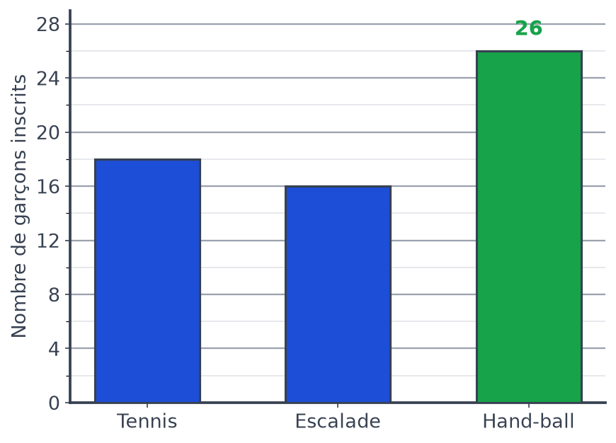 Diagramme des garçons corrigé : tennis 18, escalade 16 et barre verte du hand-ball remontée jusqu'à 26