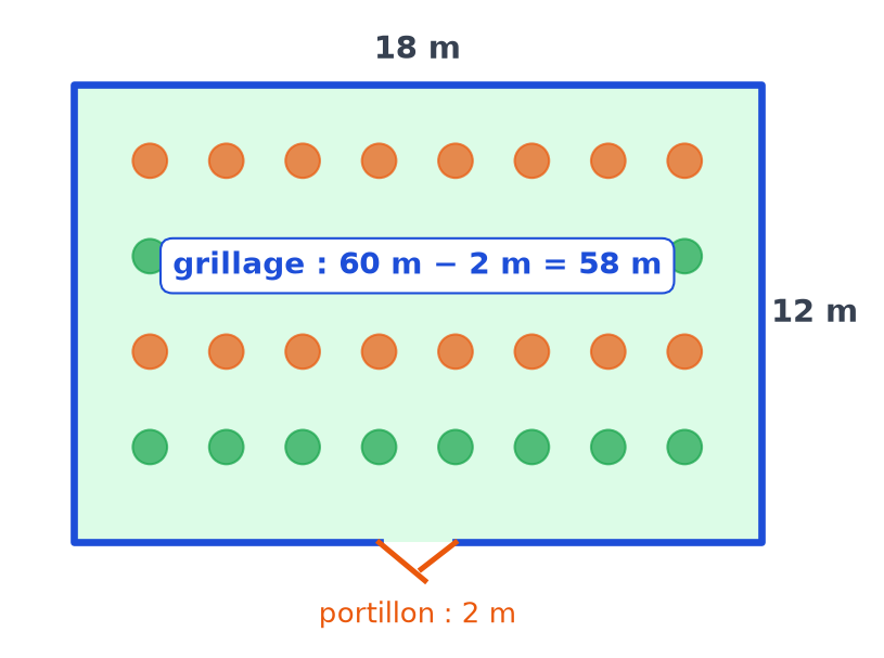 Plan du potager avec le grillage tracé en bleu tout autour sauf au portillon, et le calcul 60 m moins 2 m égale 58 m