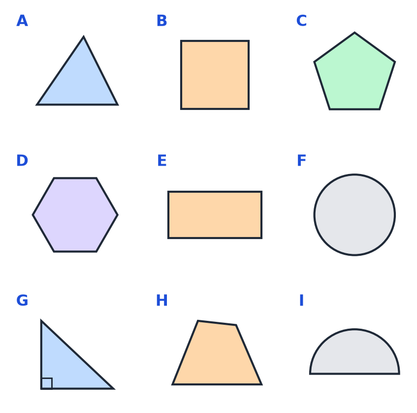 Planche corrigée : triangles en bleu, quadrilatères en orange, pentagone en vert, hexagone en violet, cercle et demi-disque en gris