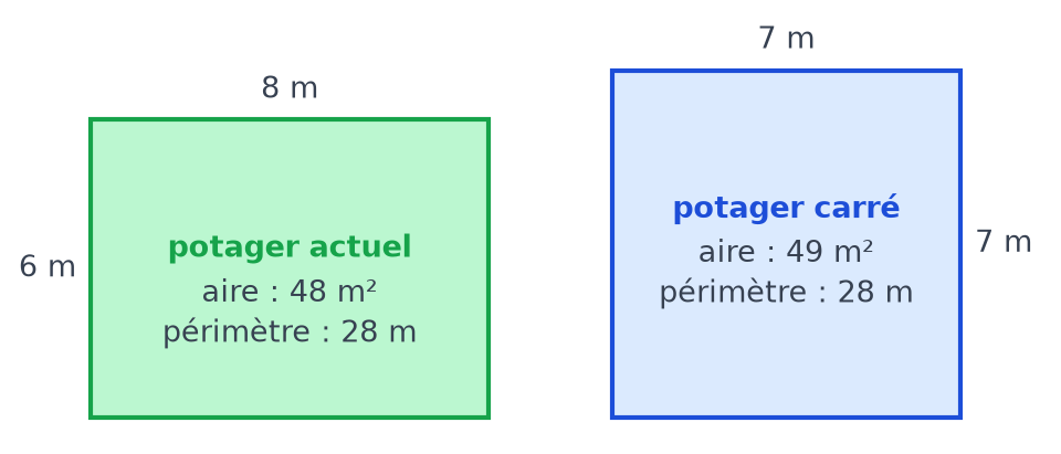 Comparaison du potager rectangulaire de 8 m sur 6 m et du potager carré de 7 m de côté, tous deux de périmètre 28 m