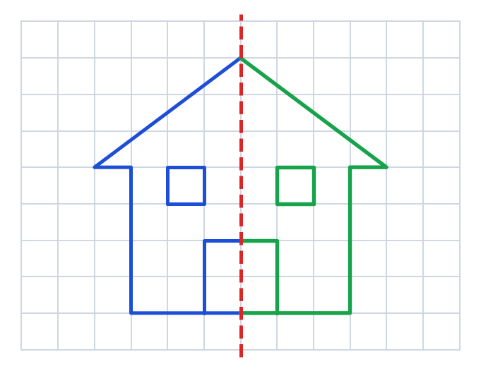 Maison complétée : la moitié gauche en bleu et la moitié symétrique en vert, avec porte au milieu et deux fenêtres