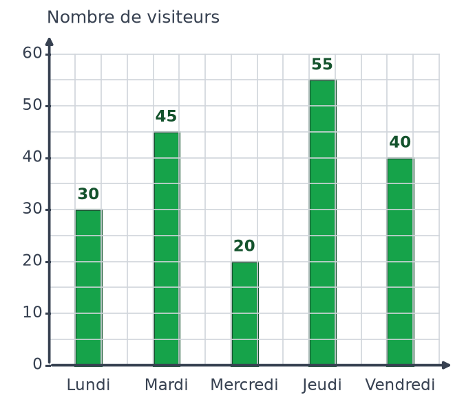 Diagramme en barres des visiteurs de l'exposition, axe gradué de 10 en 10 : 30, 45, 20, 55 et 40 visiteurs