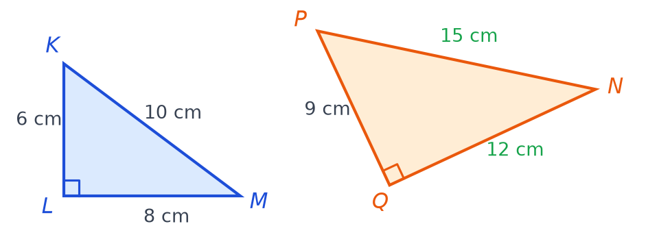 Triangles KLM et PQN complétés : QN mesure 12 cm et PN mesure 15 cm, angle droit en L et en Q