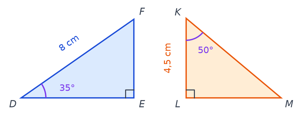 Triangle DEF rectangle en E, DF de 8 cm, angle D de 35 degrés ; triangle KLM rectangle en L, KL de 4,5 cm, angle K de 50 degrés