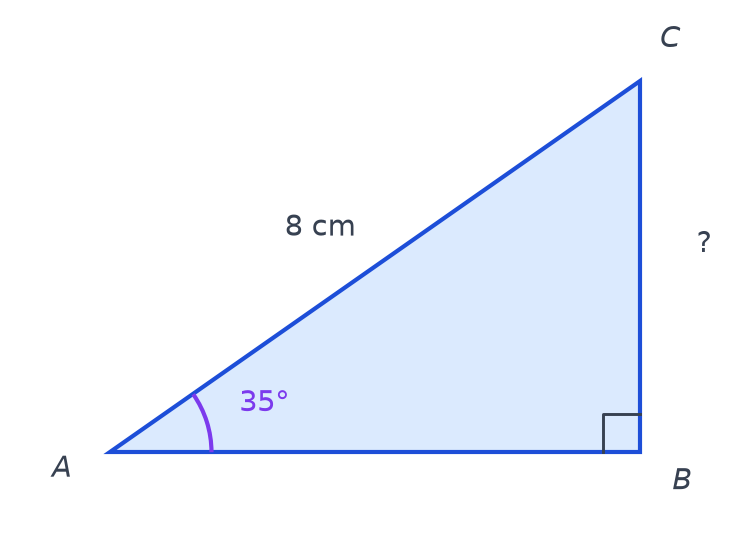 Triangle ABC rectangle en B avec l'hypoténuse AC de 8 cm, l'angle de 35 degrés en A et le côté BC inconnu