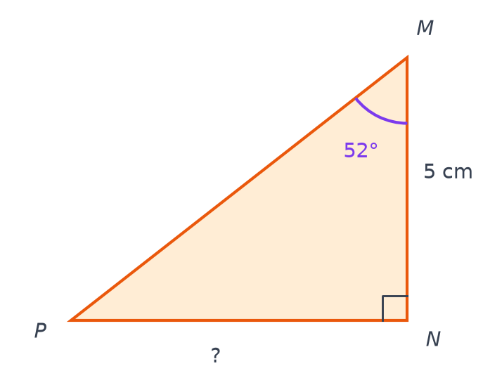 Triangle MNP rectangle en N avec MN vertical de 5 cm, l'angle de 52 degrés en M et le côté NP inconnu