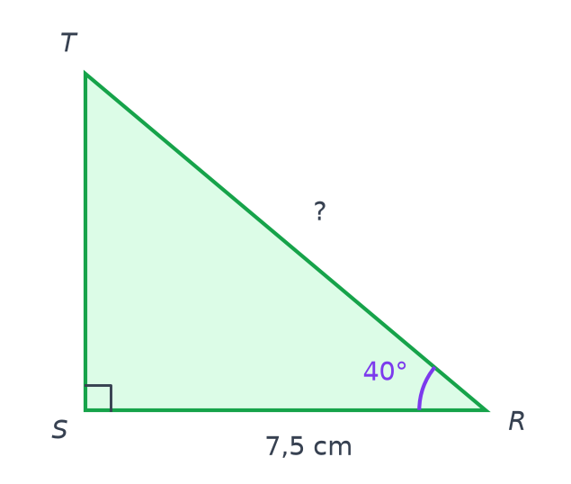 Triangle RST rectangle en S avec RS de 7,5 cm, l'angle de 40 degrés en R et l'hypoténuse RT inconnue